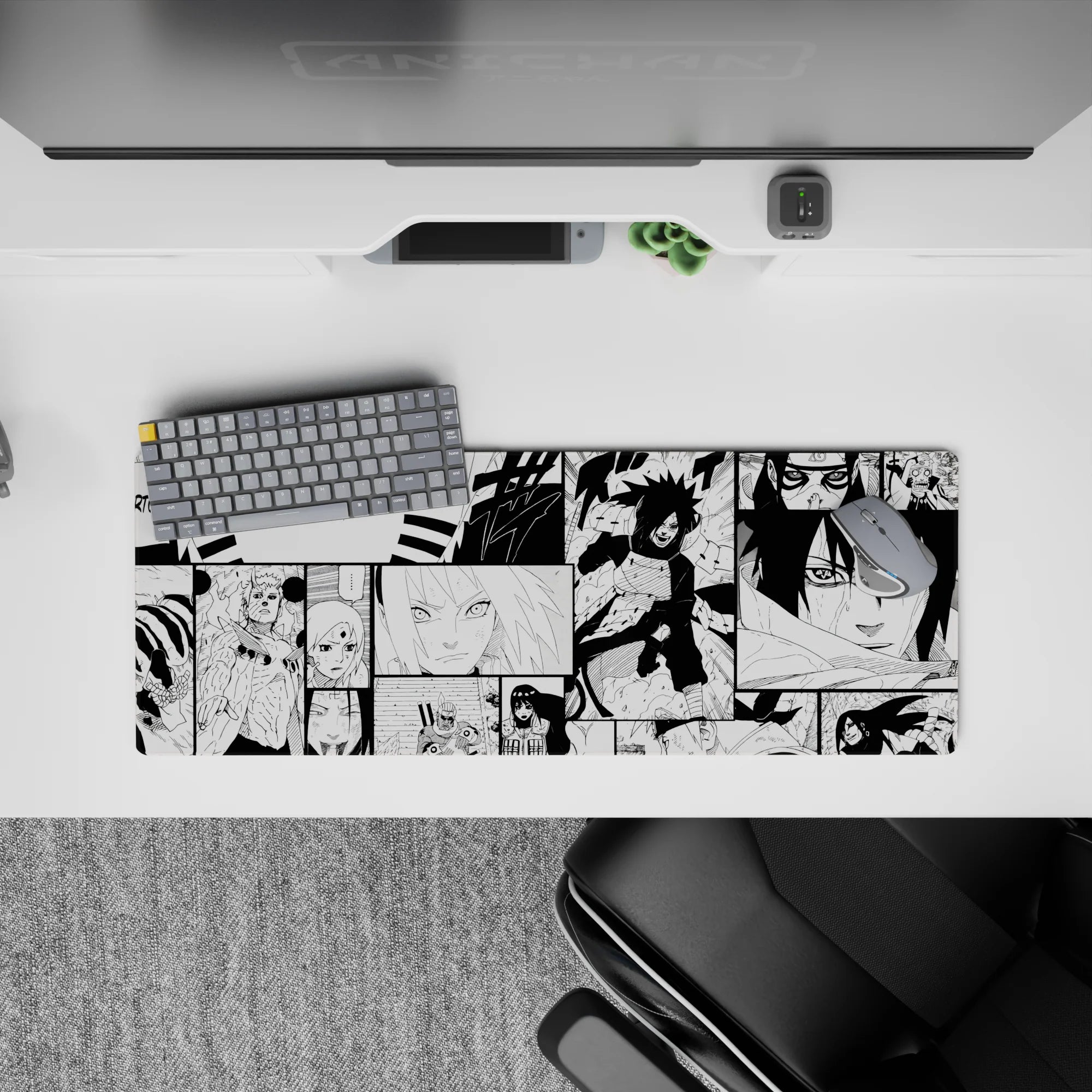32x12 inches monochrome manga-style desk mat with gritty screentone texture and high-contrast vibe.