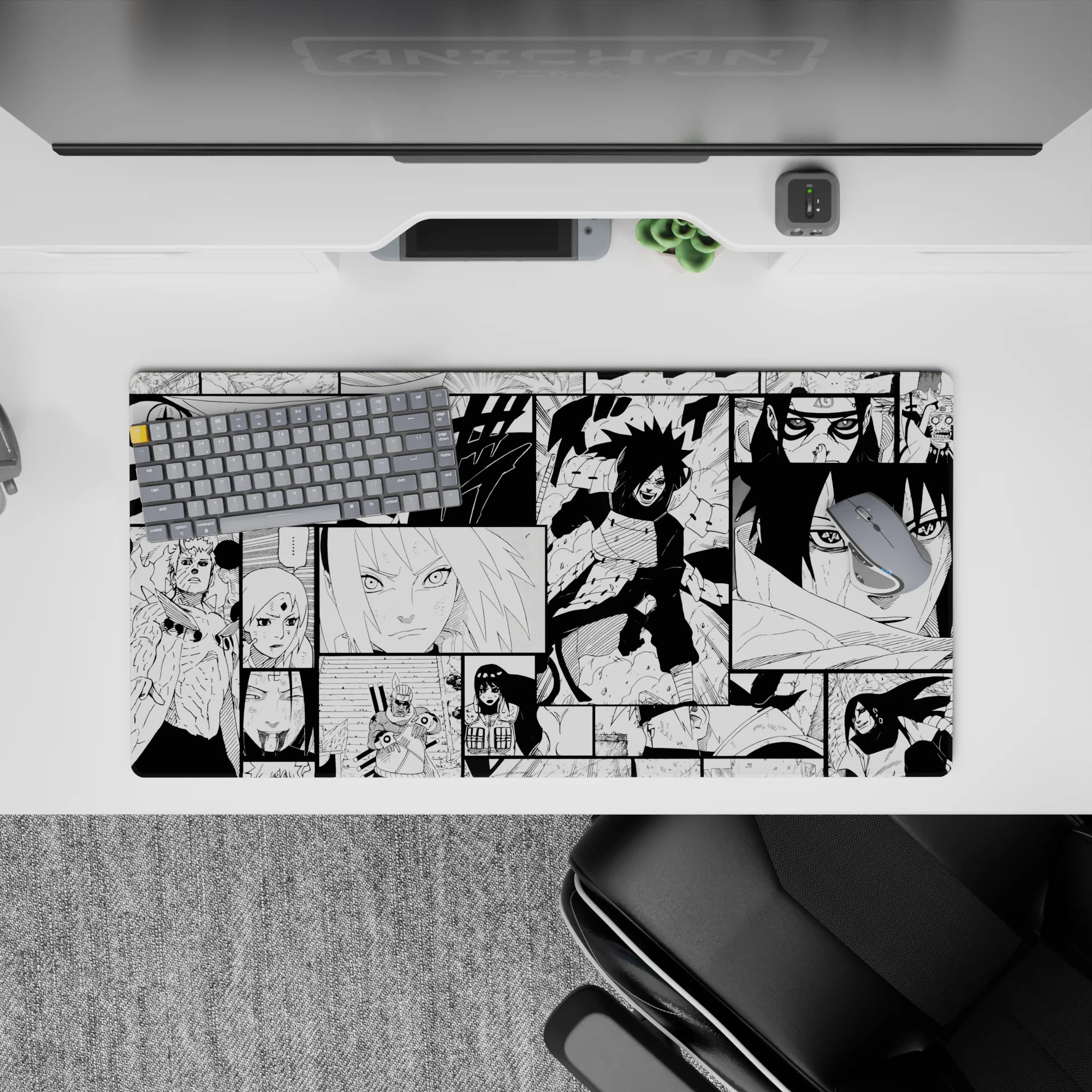 32x16 inches monochrome anime mouse pad, high-contrast inked manga vibe, dramatic yet clean and classy.