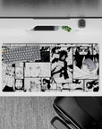 32x16 inches monochrome anime mouse pad, high-contrast inked manga vibe, dramatic yet clean and classy.