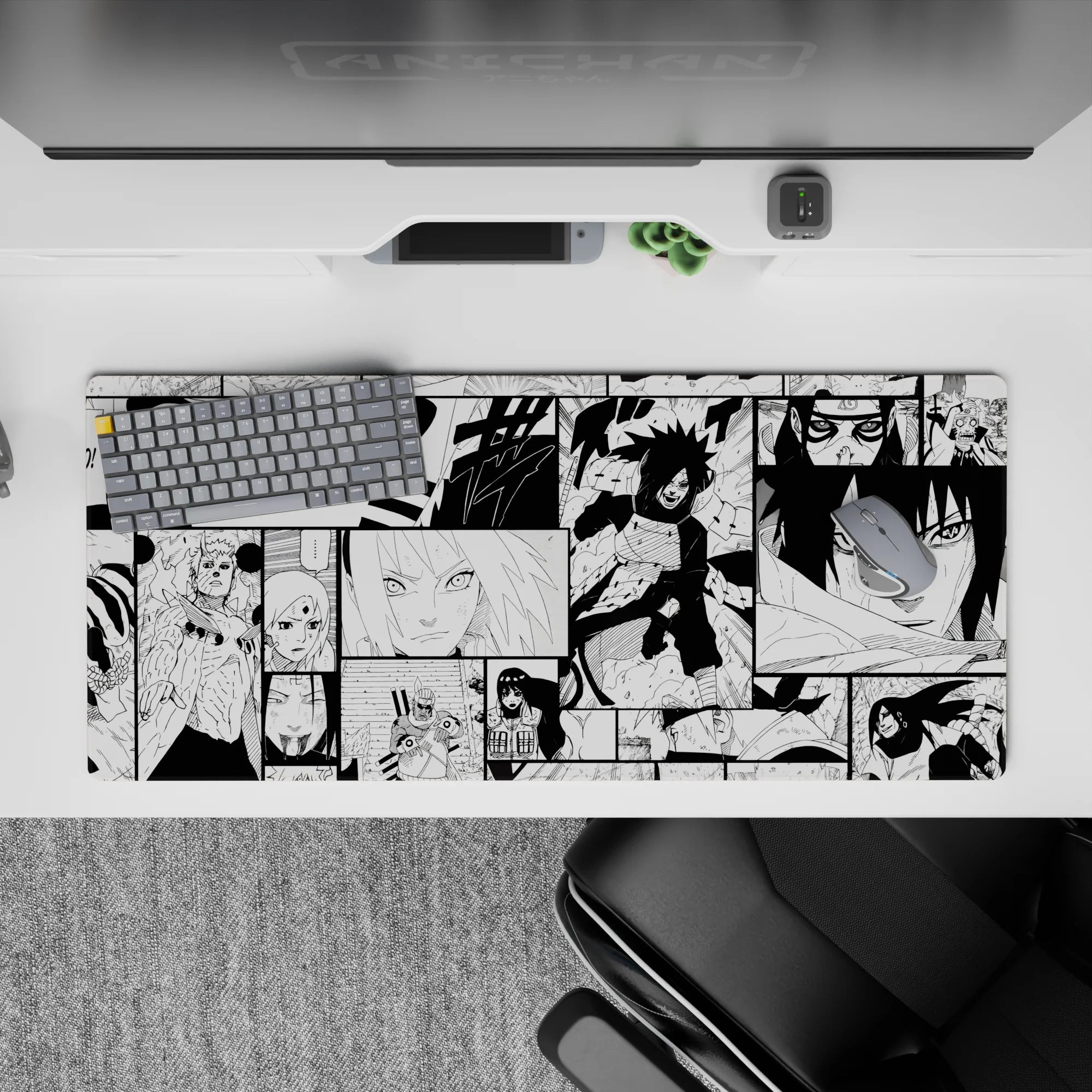 36x16 inches black-and-white desk mat with gritty screentone texture and high-contrast manga vibe.