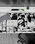 40x20 inches black-and-white anime desk pad with gritty manga texture, high-contrast, clean classy vibe.