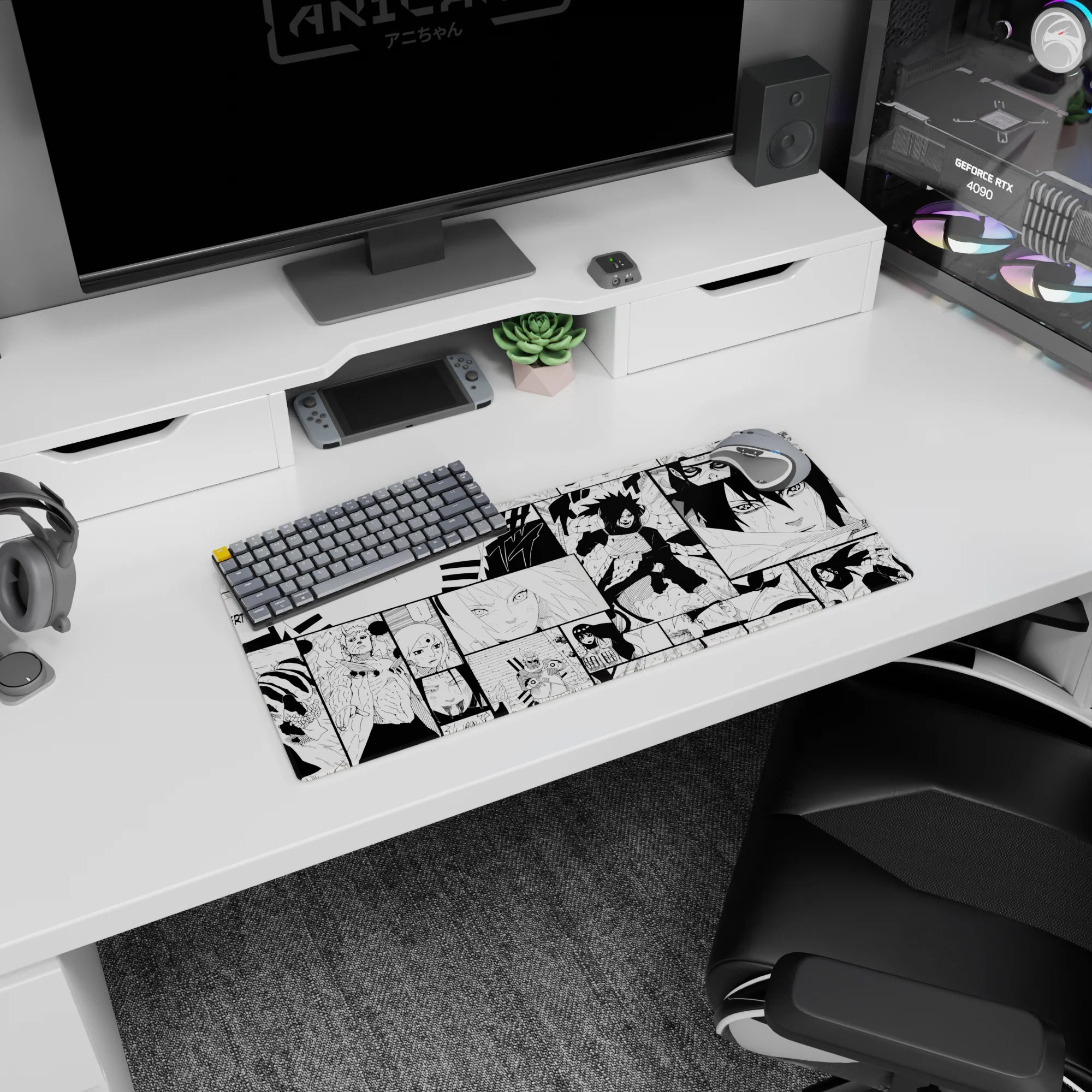 28x12 inches Naruto mouse pad featuring Naruto, Sasuke, Sakura, and Madara in sharp manga panels.