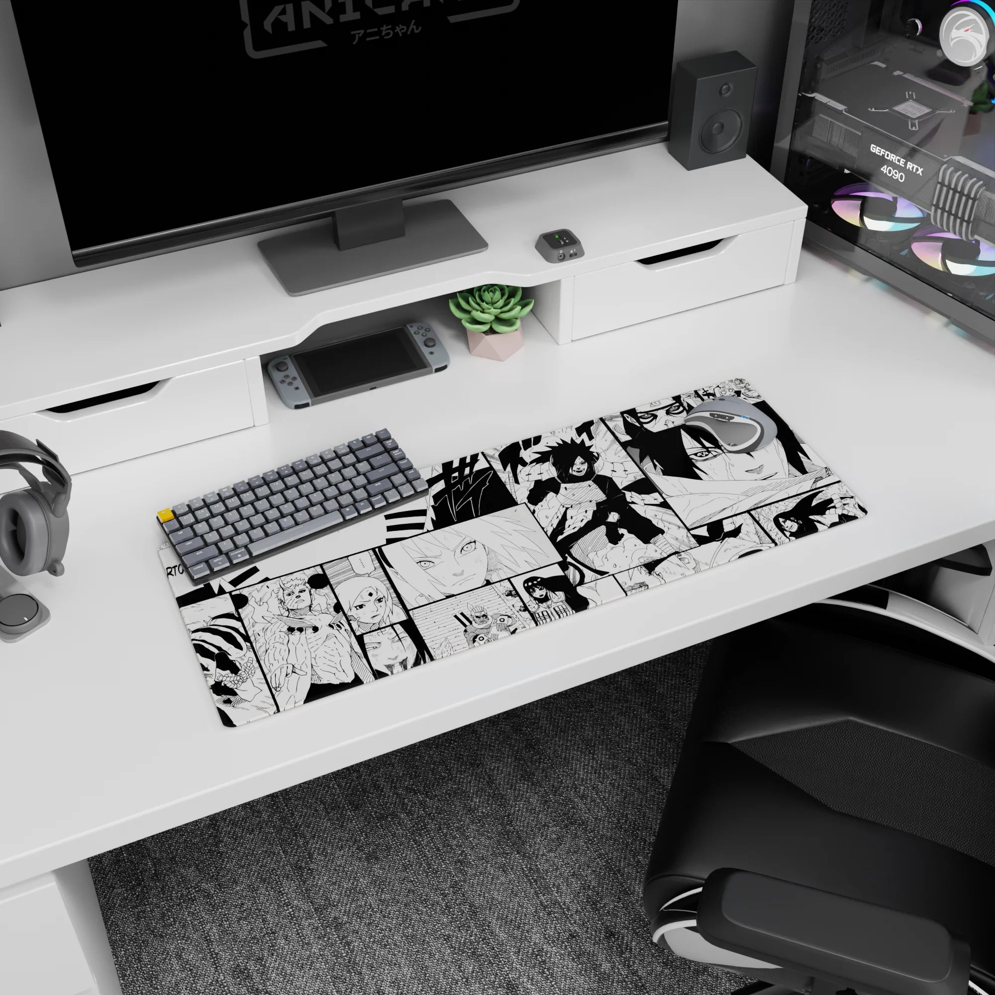 32x12 inches Naruto mouse pad featuring Naruto, Sasuke, Sakura, and Madara in sharp black-and-white panels.
