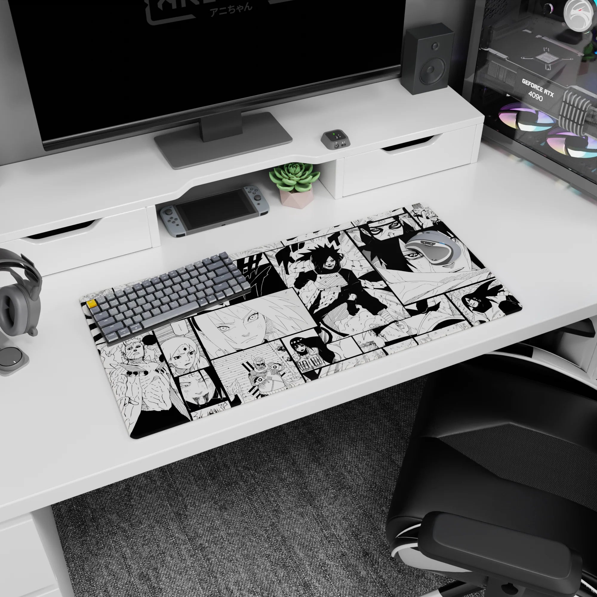 32x16 inches Naruto mouse pad featuring Naruto, Sasuke, Sakura, and Madara in sharp black-and-white panels.