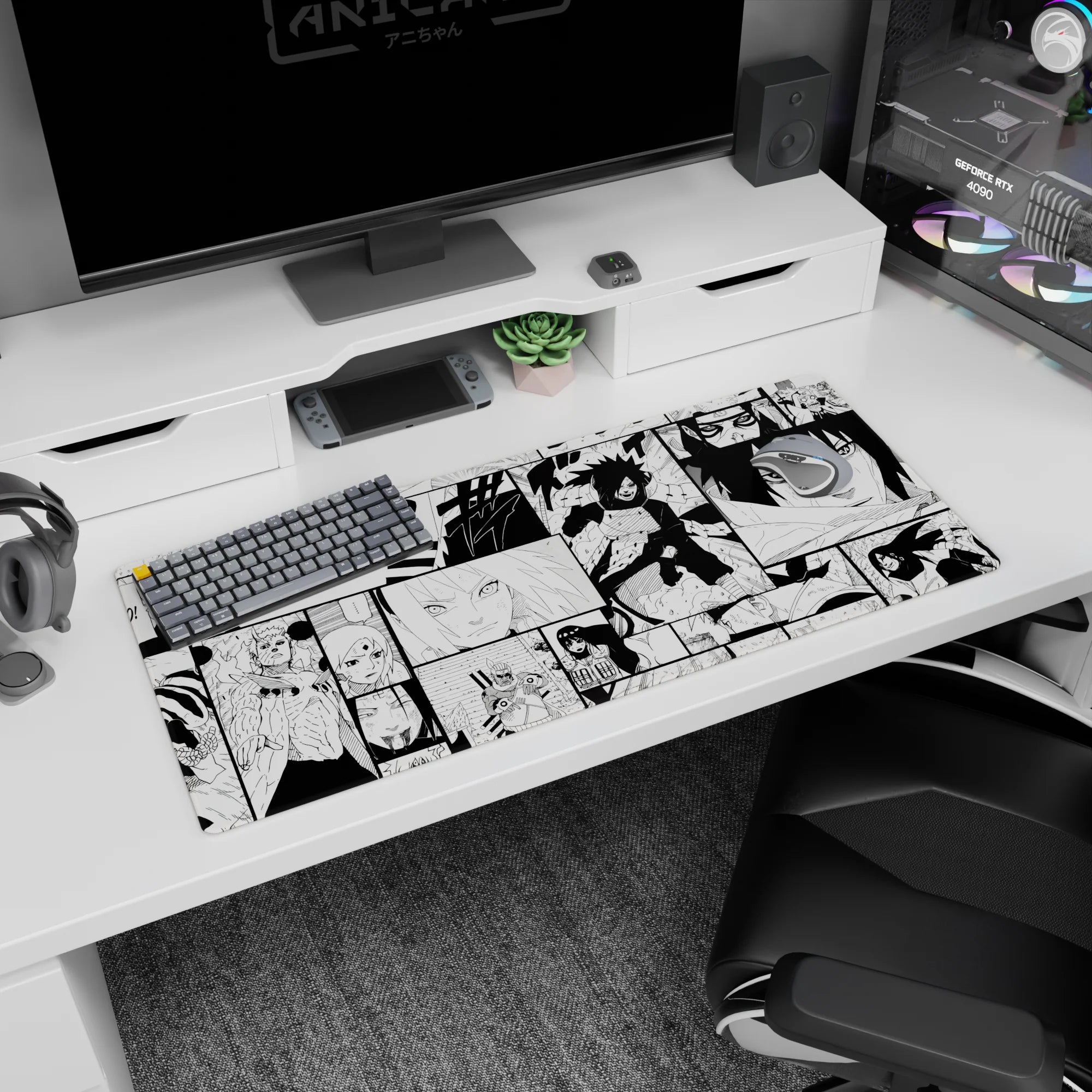 36x16 inches Naruto desk pad showing Naruto and Sasuke in sharp inked panels, manga-style.