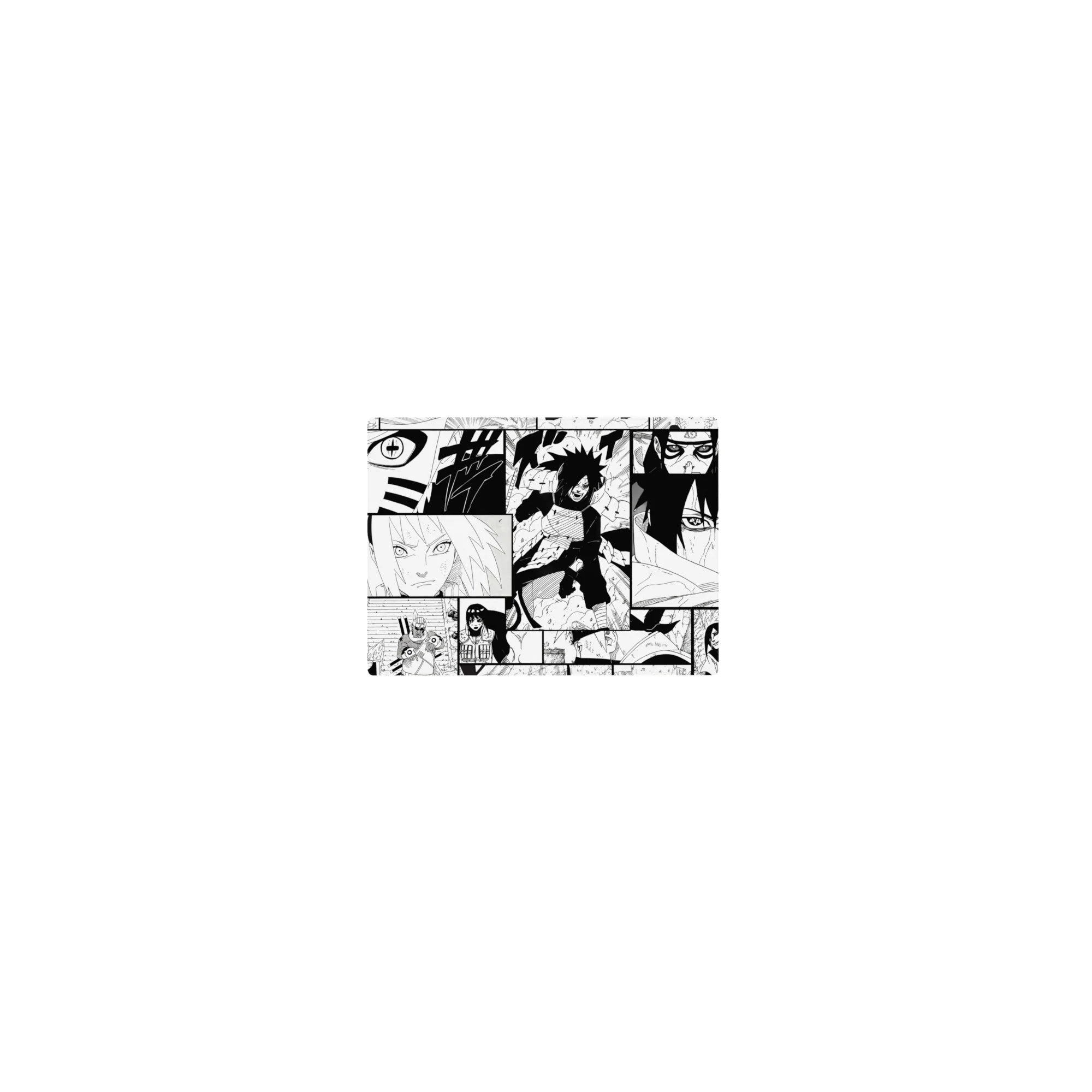 14x10 inches classic anime mouse pad with black-and-white Naruto manga collage panels and bold ink lines.