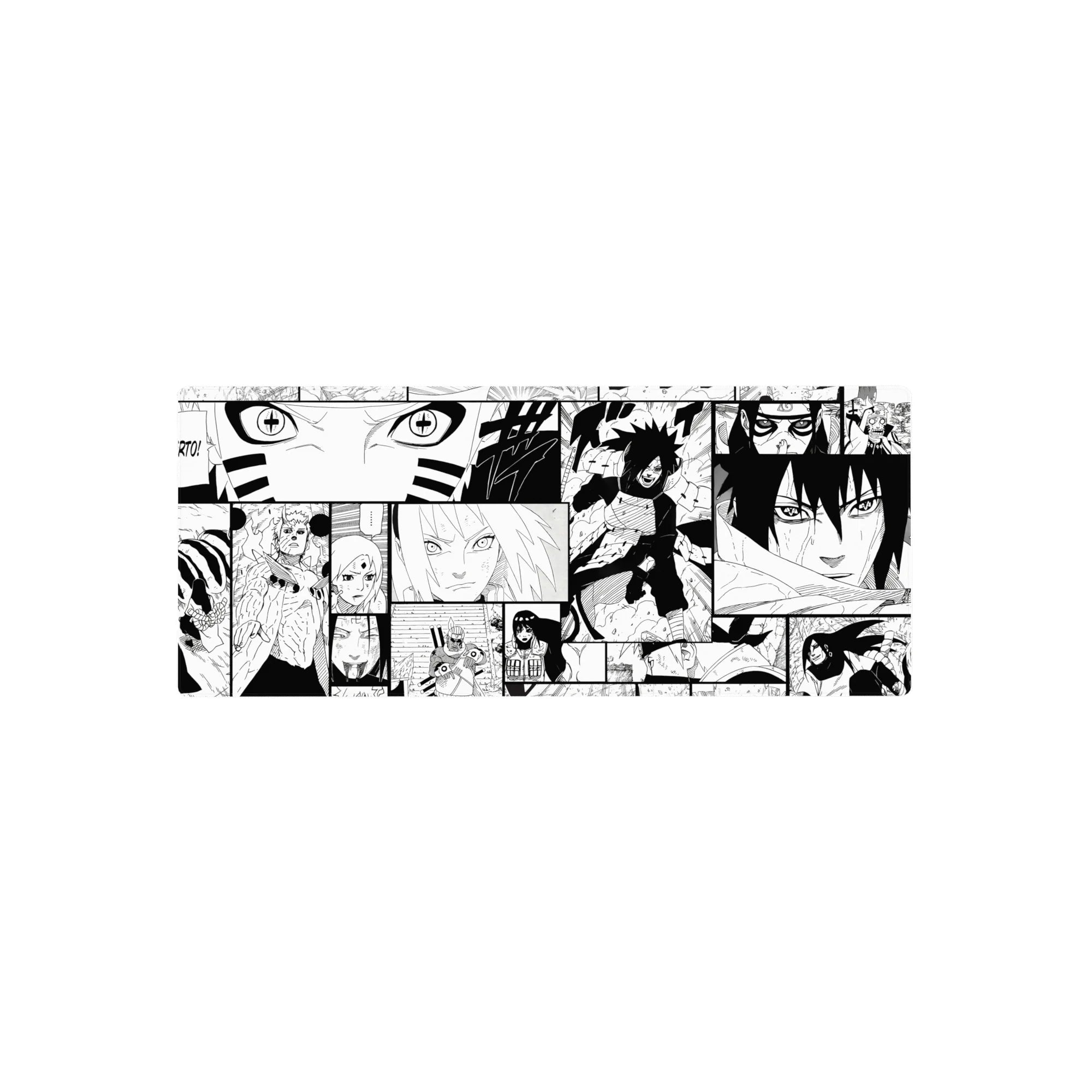 28x12 inches anime mouse pad with black-and-white Naruto manga collage panels and bold ink line art.