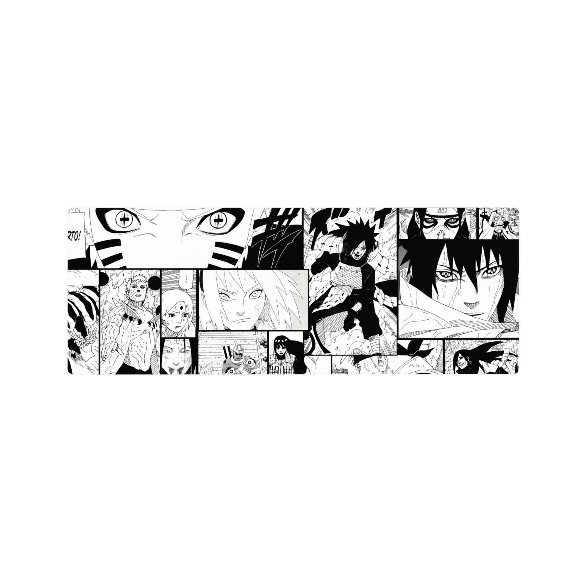 32x12 inches anime mouse pad with black-and-white Naruto manga collage panels and bold ink line art.
