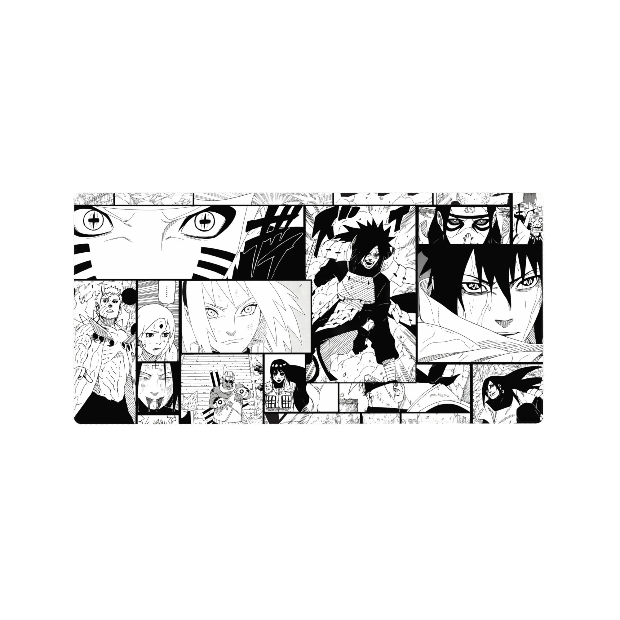32x16 inches anime mouse pad with black-and-white Naruto manga collage panels and gritty screentone art.