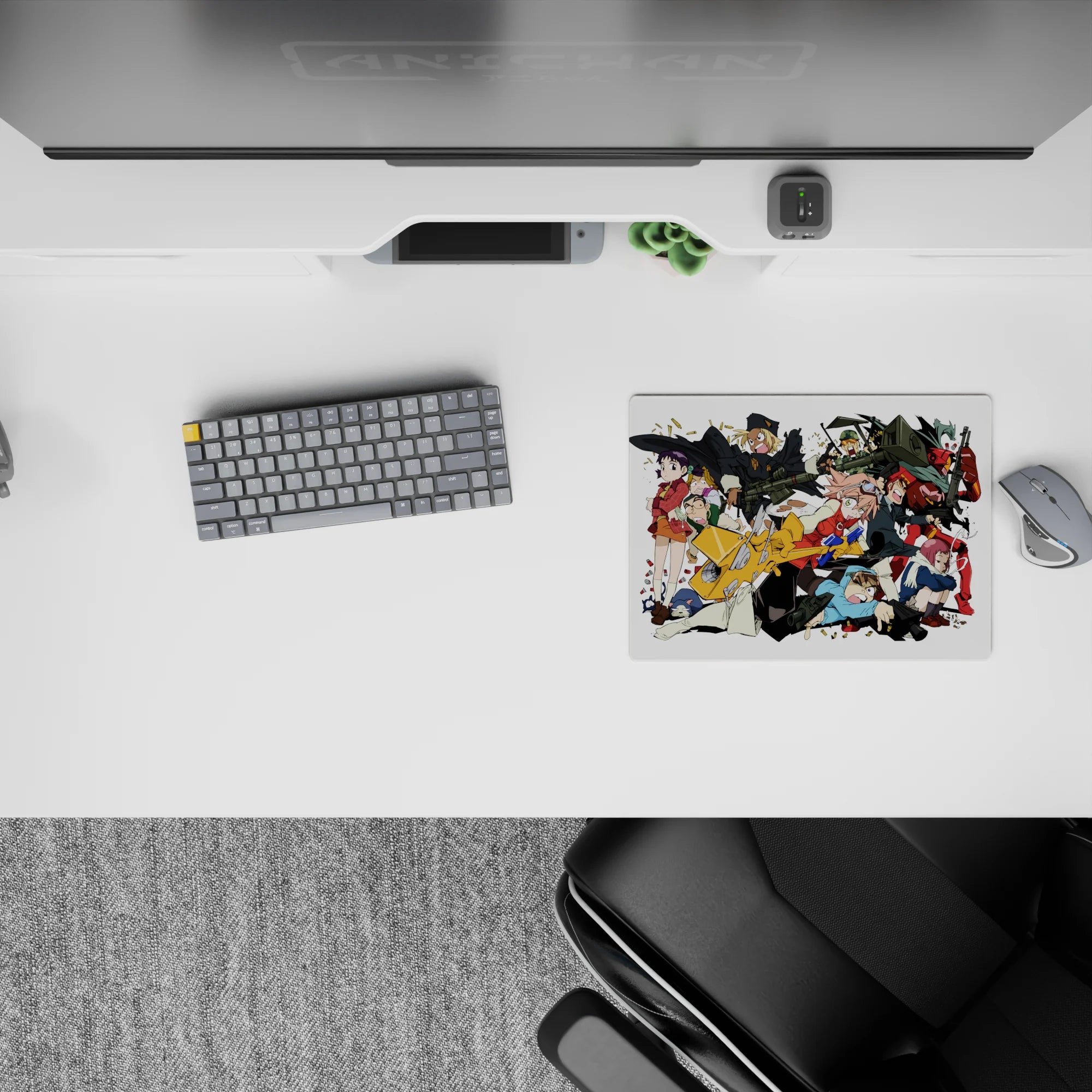 14x10 inches classic anime mouse pad in bold reds, black, and teal on white, loud cel-shaded energy.