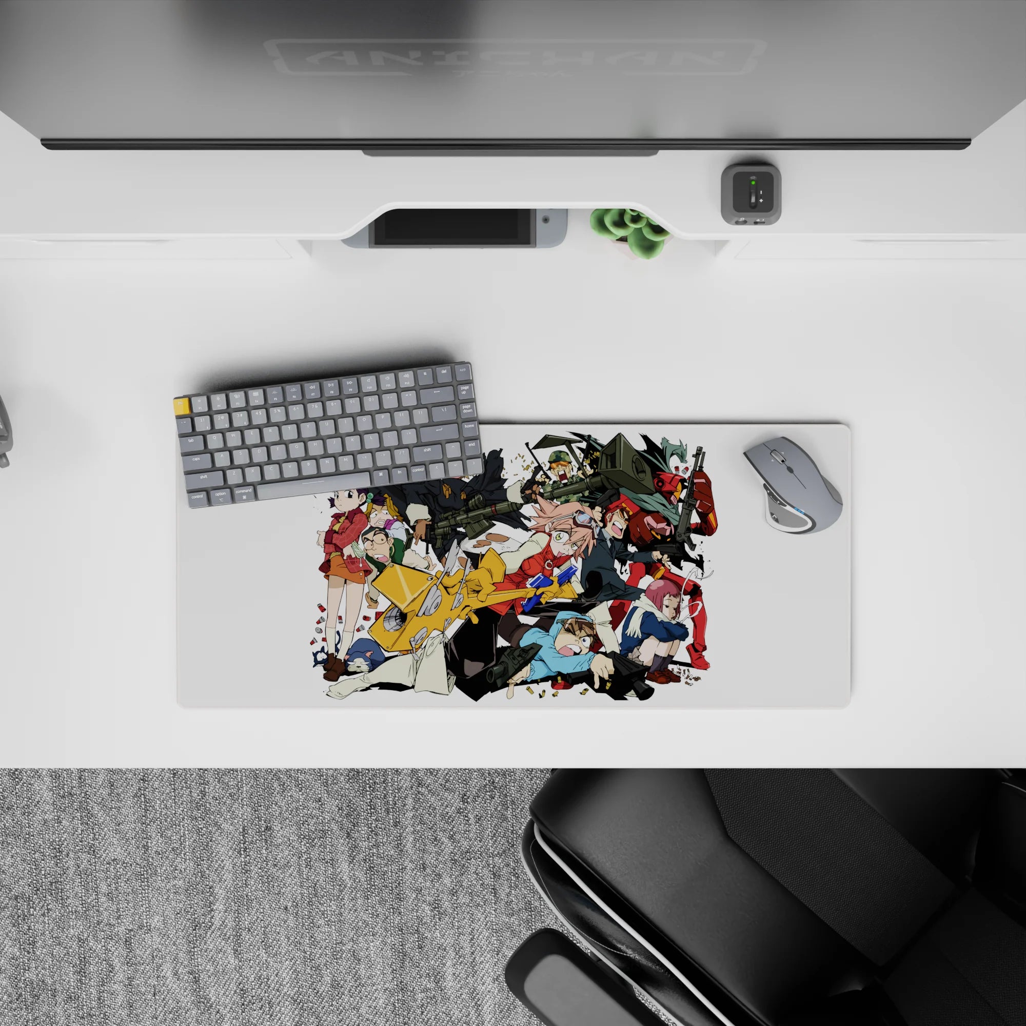 28x12 inches anime mouse pad in bold reds, blacks, and teal on white, crisp cel-shaded streetwear energy.