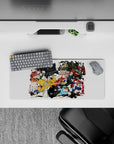 28x12 inches anime mouse pad in bold reds, blacks, and teal on white, crisp cel-shaded streetwear energy.