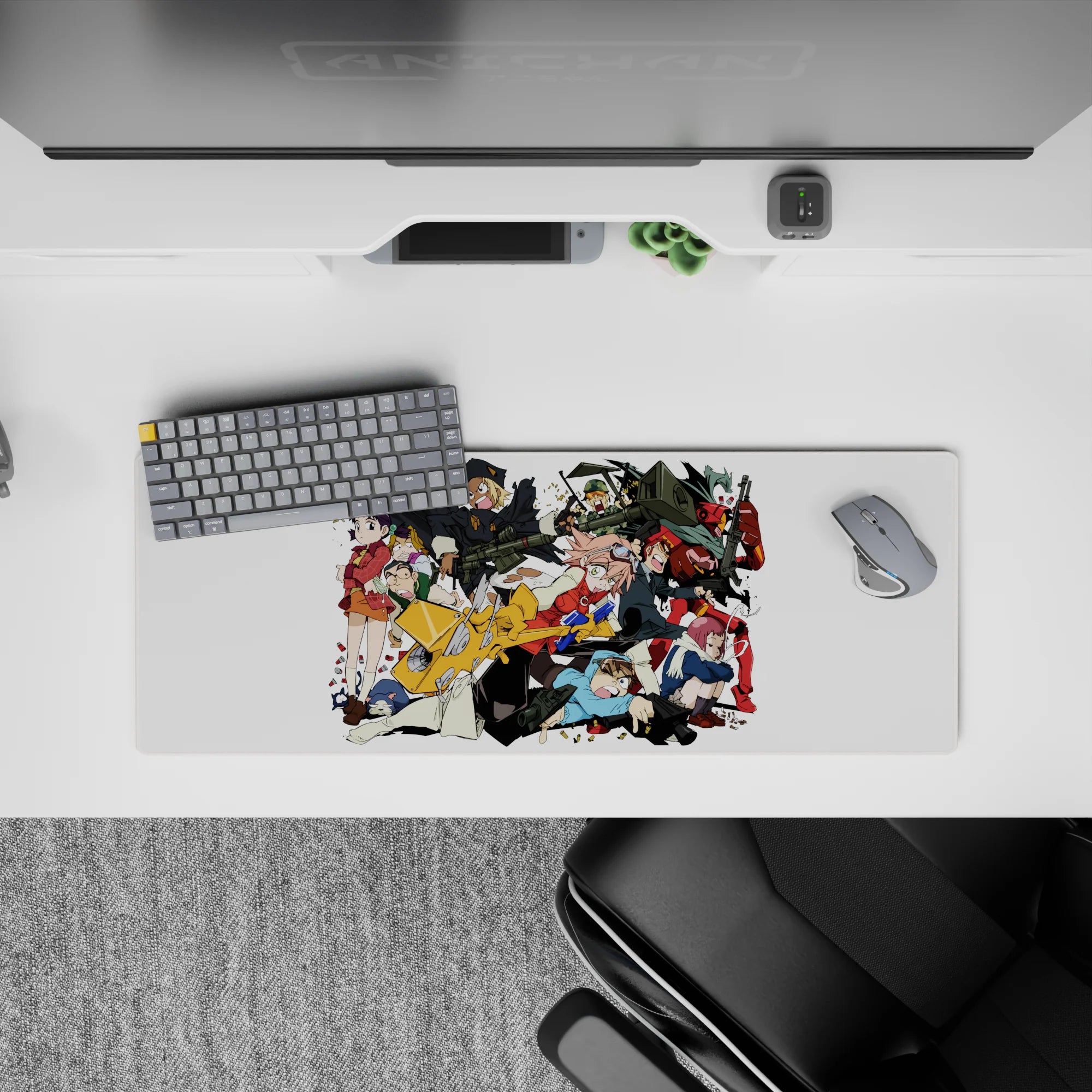 32x12 inches anime mouse pad in bold reds, blacks, and teal hair on white, loud cel-shaded action vibe.