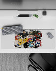 32x12 inches anime mouse pad in bold reds, blacks, and teal hair on white, loud cel-shaded action vibe.