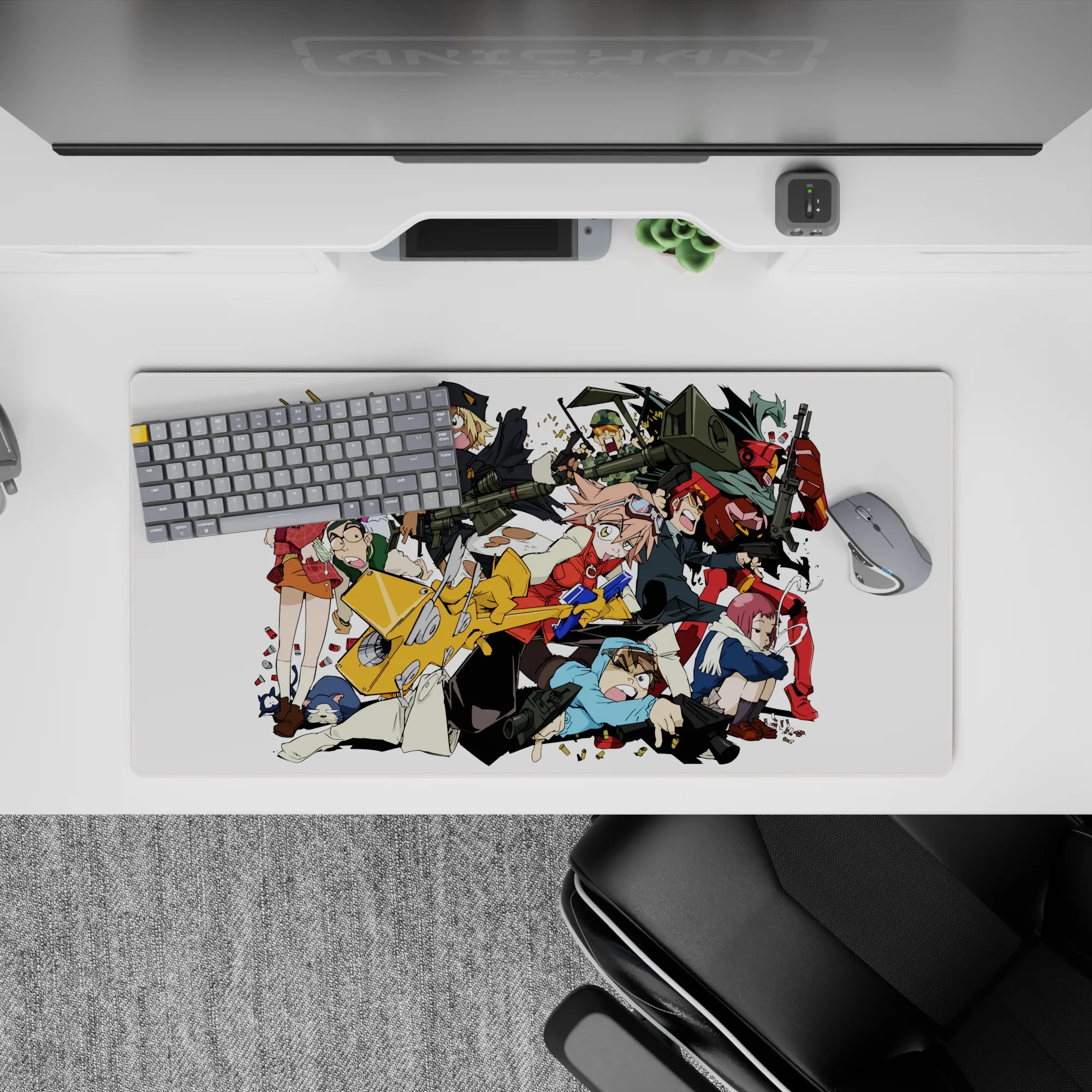 32x16 inches anime mouse pad in bold reds, blacks, and teal hair on a crisp white, reckless action vibe.
