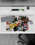 32x16 inches anime mouse pad in bold reds, blacks, and teal hair on a crisp white, reckless action vibe.