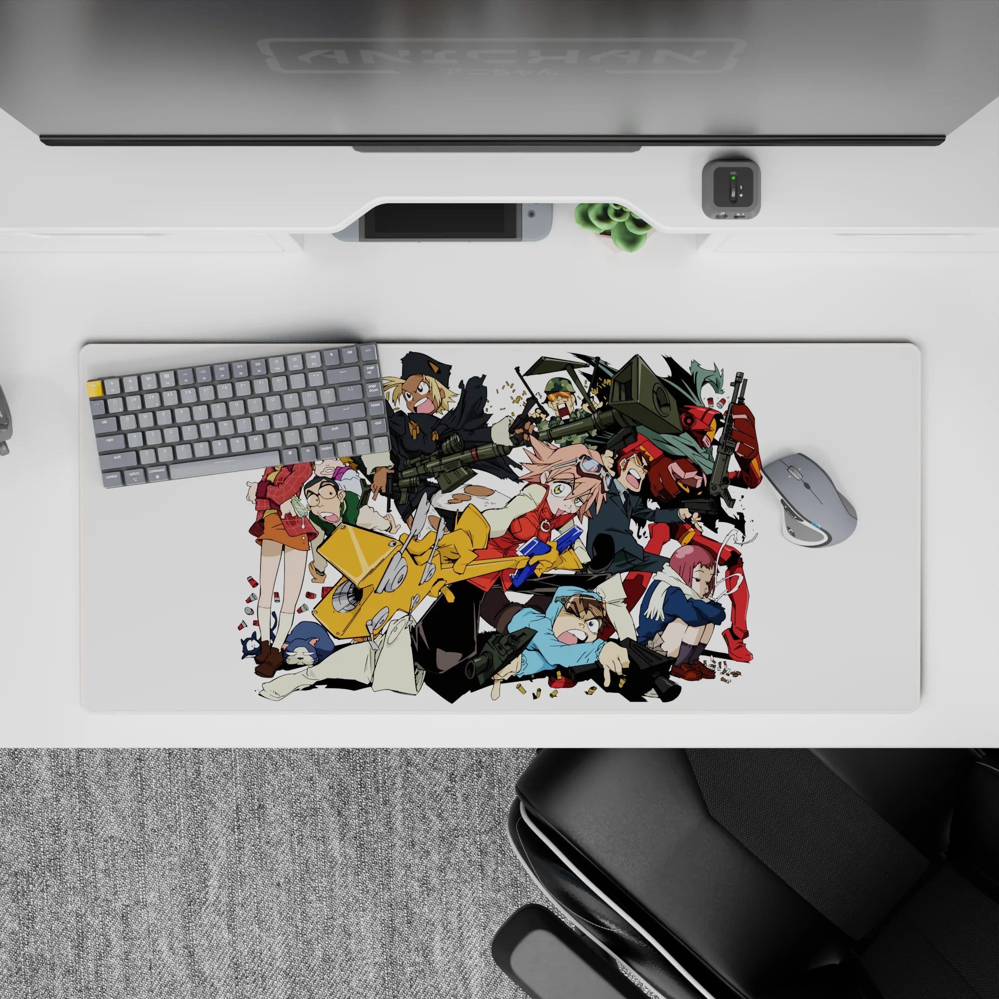 36x16 inches anime desk pad in bold reds, blacks, teal hair, crisp cel shading on a clean white backdrop.