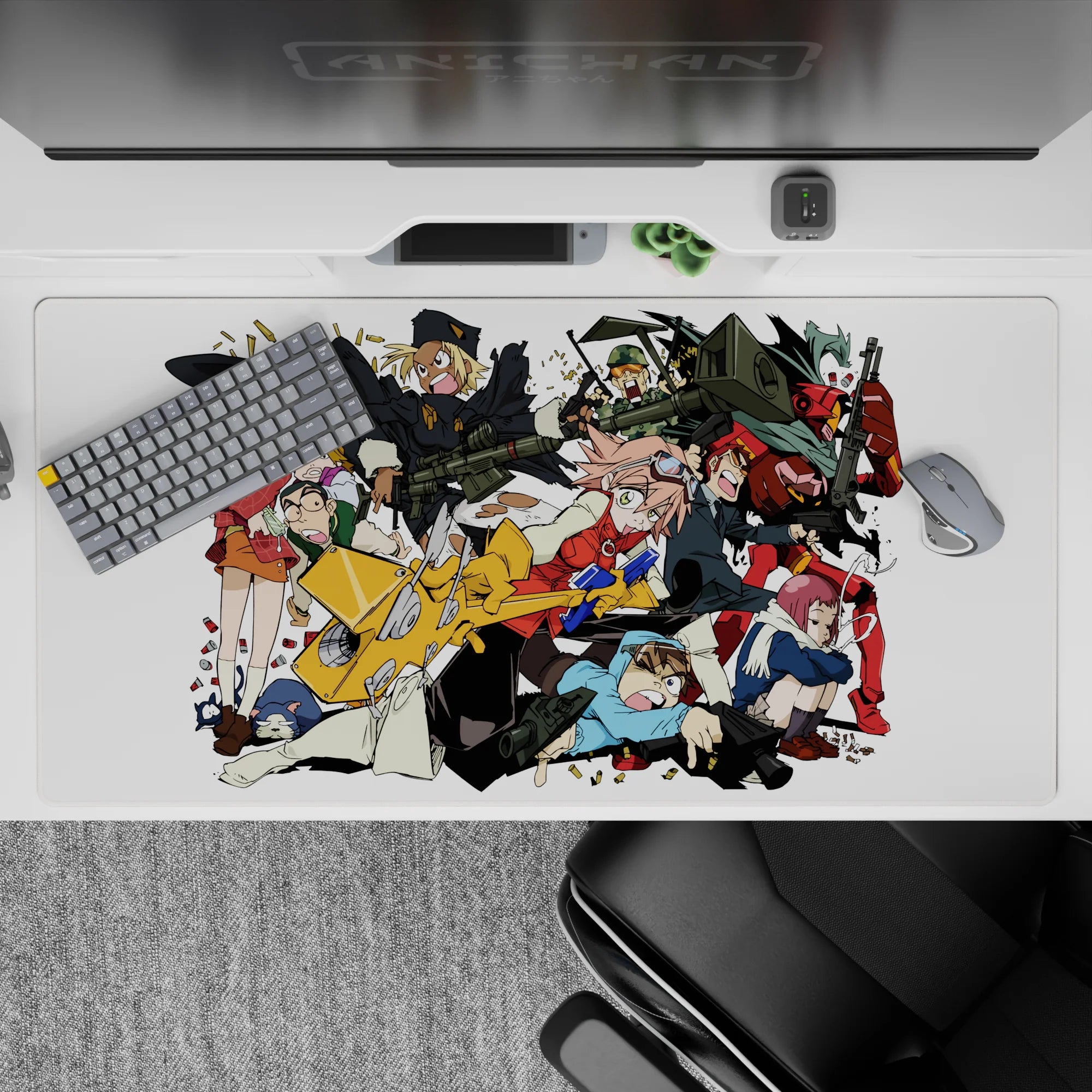 Bold red, black, and teal anime desk pad 40x20 inches with punchy action energy on a crisp white backdrop.