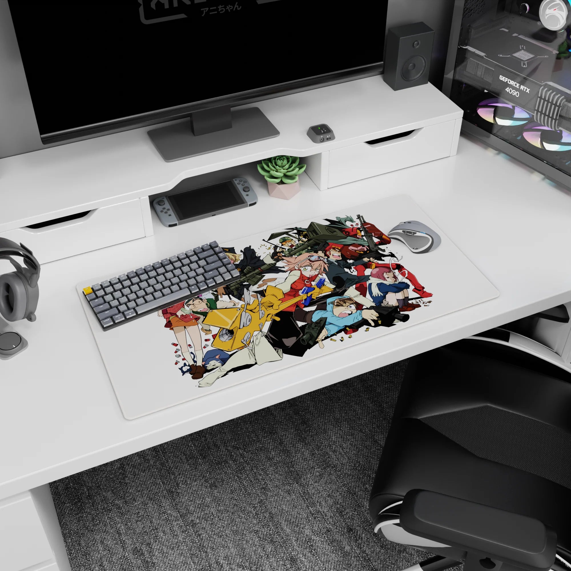 32x16 inches anime mouse pad showing orange scooter rush with goggle-wearing fighters and flying brass.