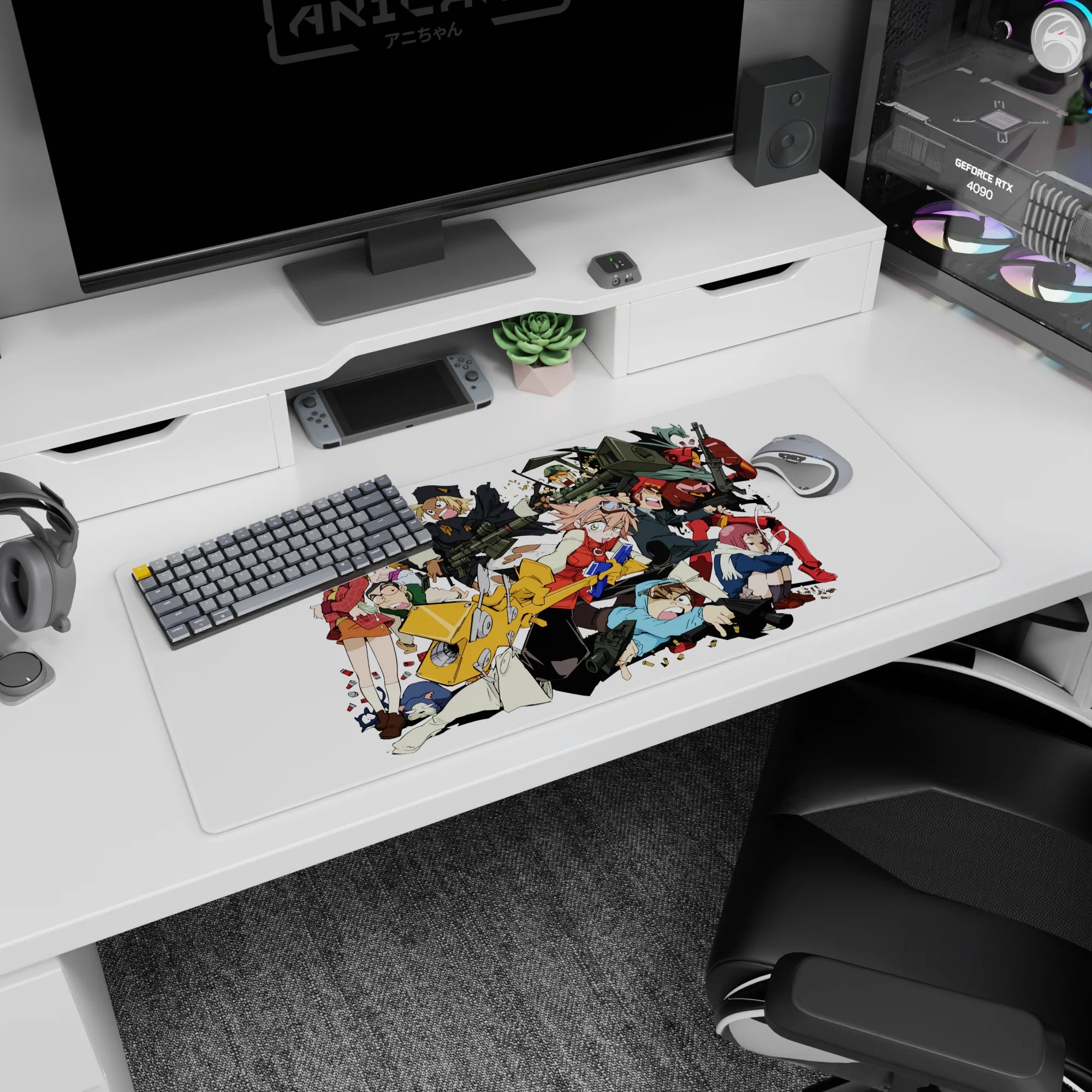 36x16 inches anime desk pad featuring teal-haired fighter with goggles, gloves, and chunky weapon mid-charge.