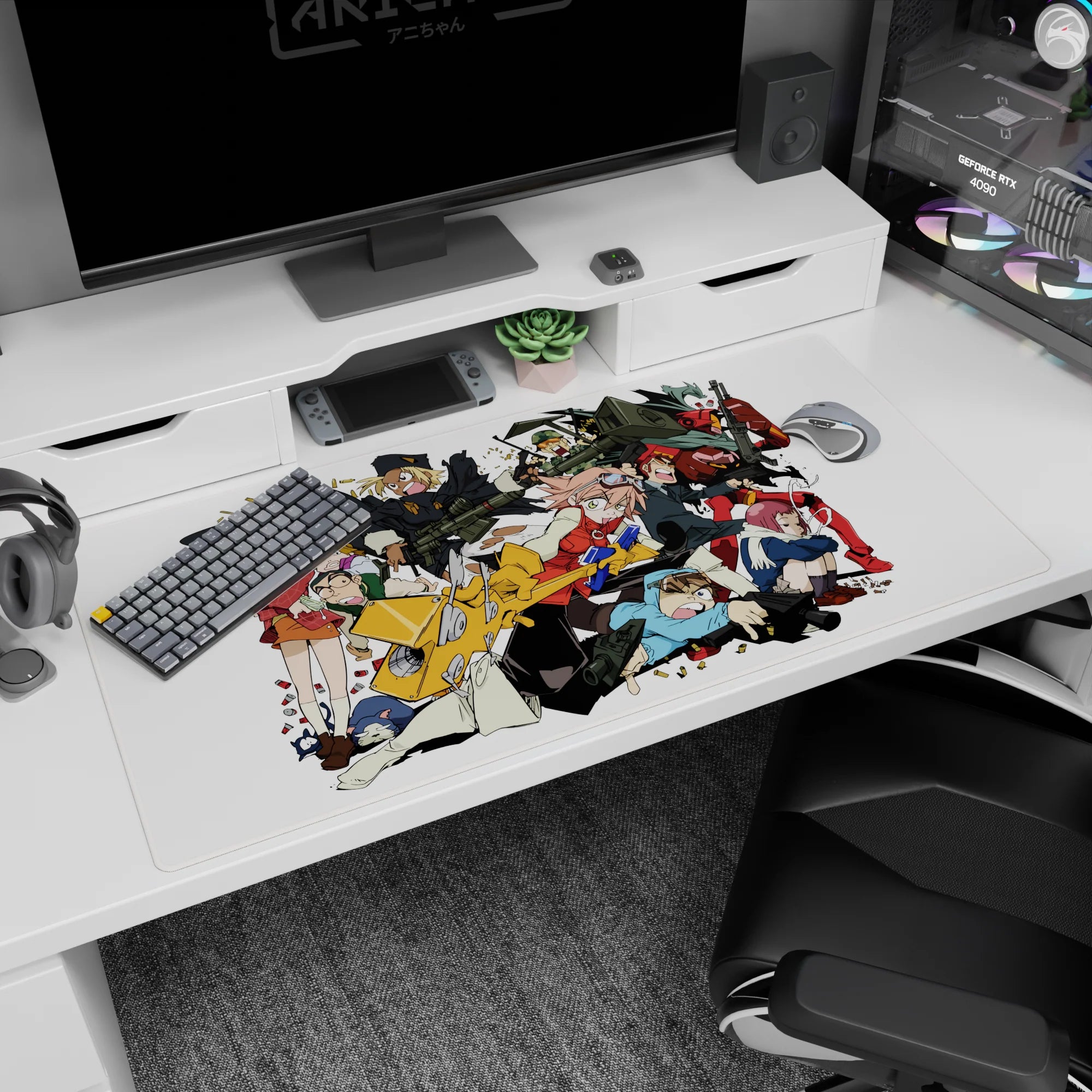 Anime desk pad 40x20 inches featuring teal-haired rider on orange scooter, brass flying in a diagonal action scene.