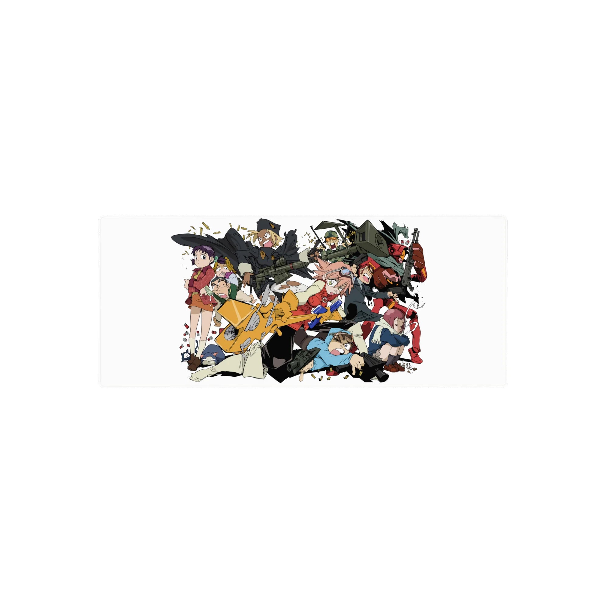 28x12 inches anime mouse pad with chaotic squad action collage, scooter, brass, goggles, and weapons.