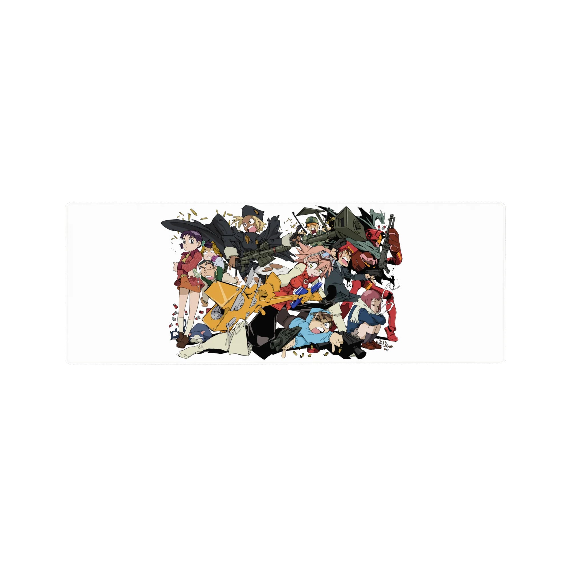 32x12 inches anime mouse pad with chaotic squad collage, orange scooter, brass flying, streetwear fighters.