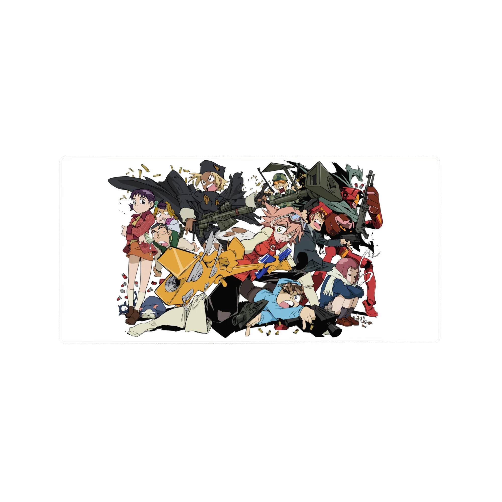 32x16 inches anime mouse pad with chaotic streetwear squad, scooter, brass, and chunky weapons in cel shading.