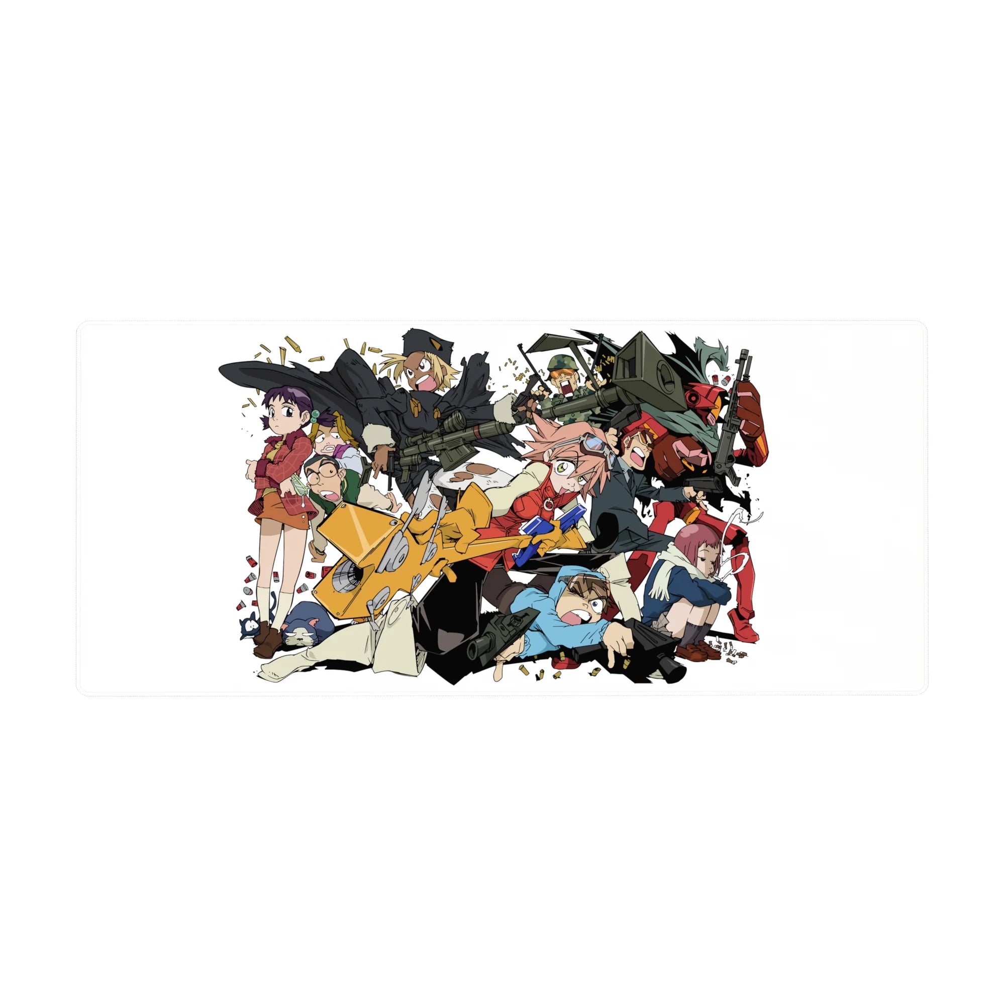 36x16 inches anime desk pad with chaotic squad, orange scooter, flying brass, streetwear action collage.
