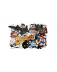 36x16 inches anime desk pad with chaotic squad, orange scooter, flying brass, streetwear action collage.