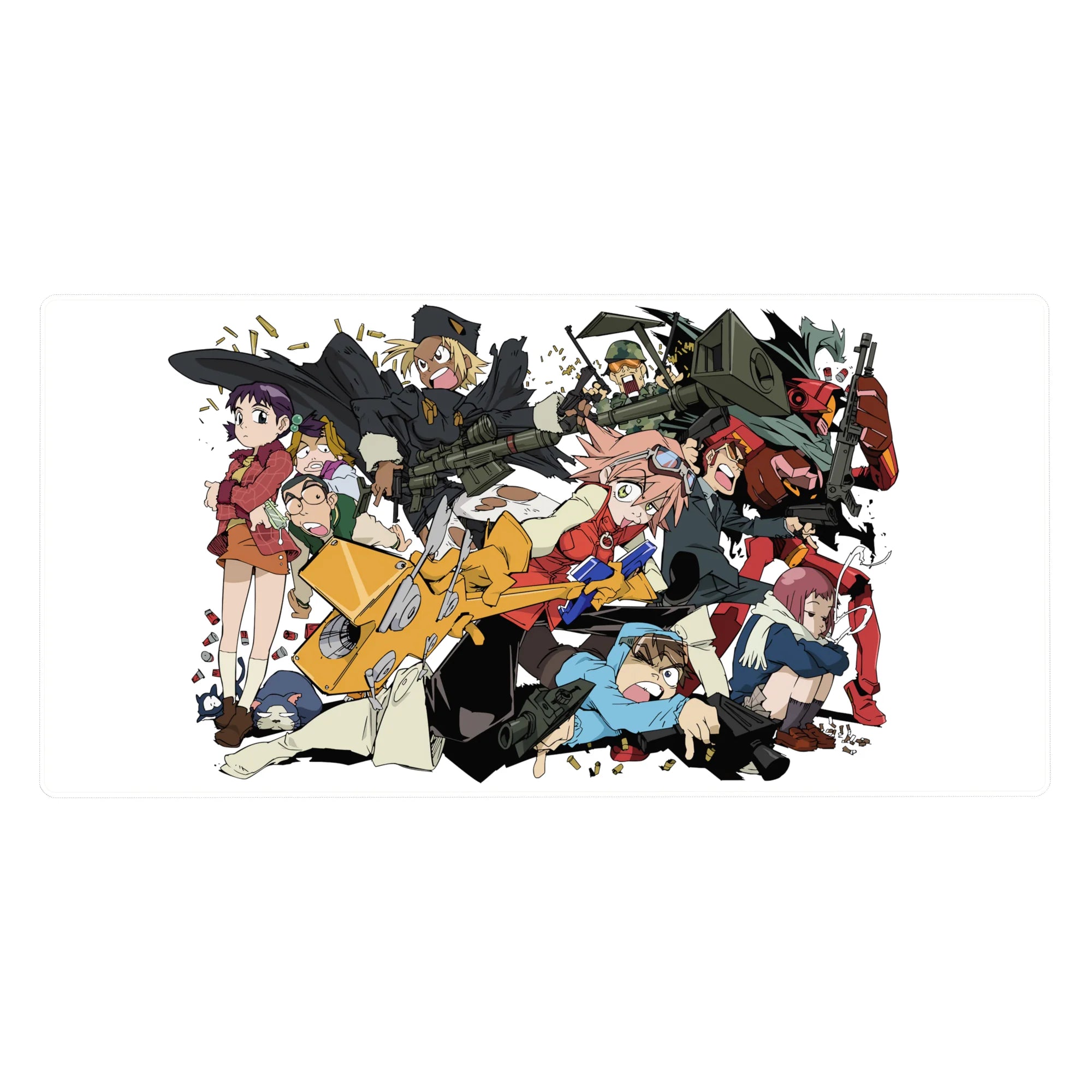 Anime desk pad 40x20 inches with chaotic squad collage, scooter, goggles, and chunky weapons in cel shading.