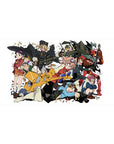 Anime desk pad 40x20 inches with chaotic squad collage, scooter, goggles, and chunky weapons in cel shading.