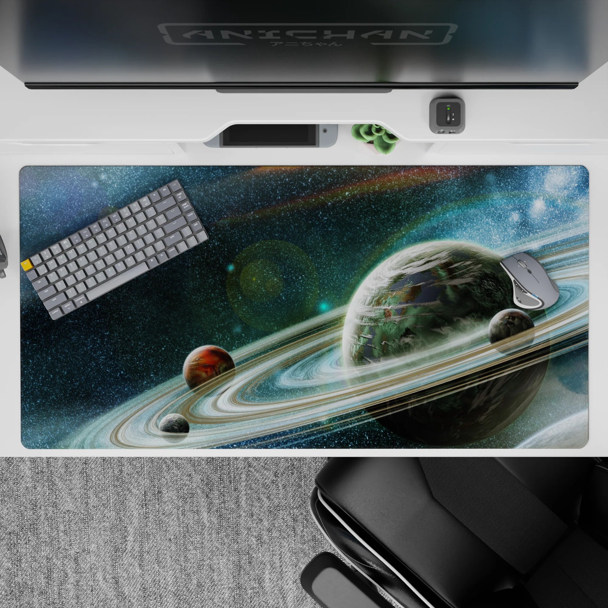 Cool teal haze desk pad 40x20 inches with dreamy deep-space shadows and calm speckled starlight.