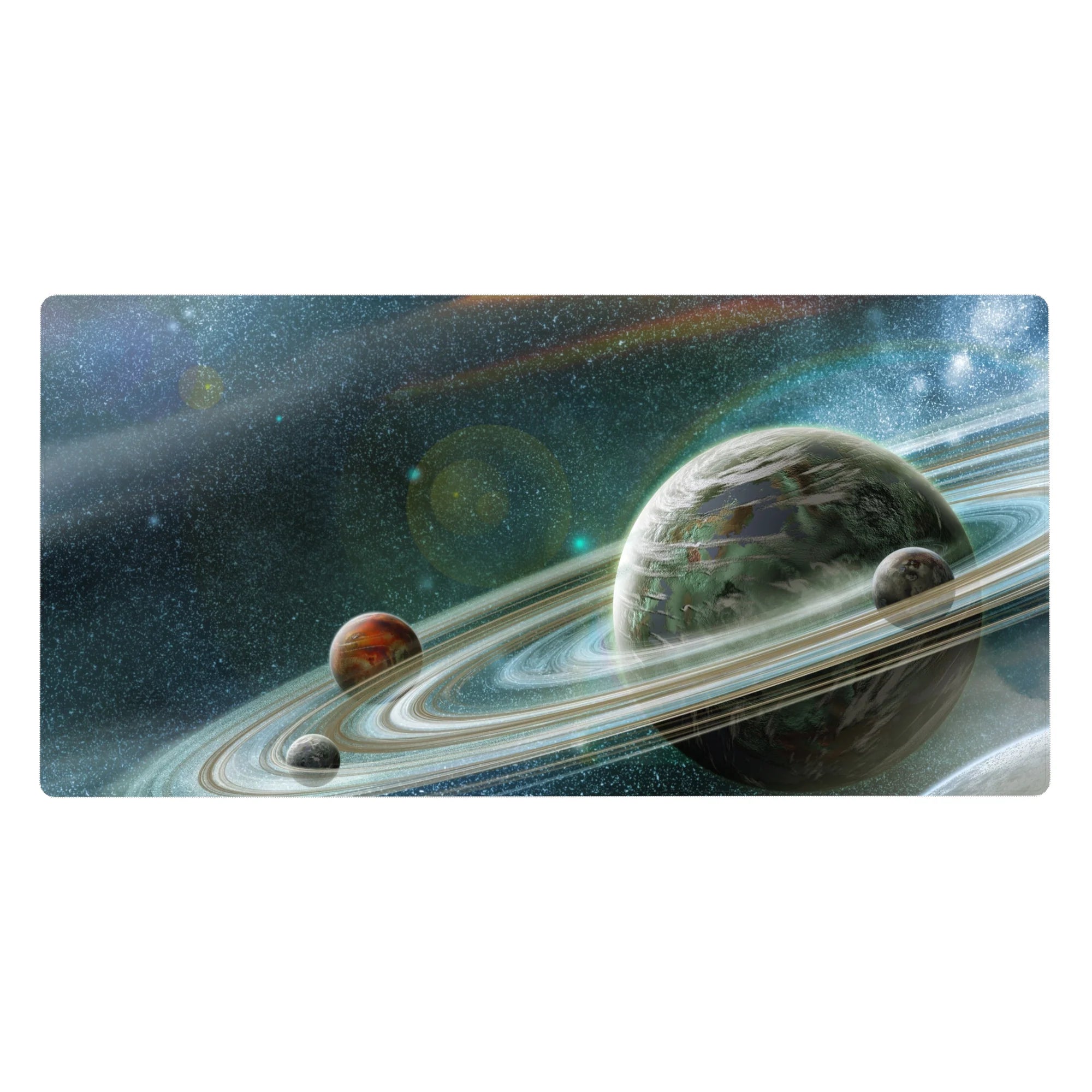 Cosmic starfield desk pad 40x20 inches with swirling rings, giant planet, and misty space gradients.
