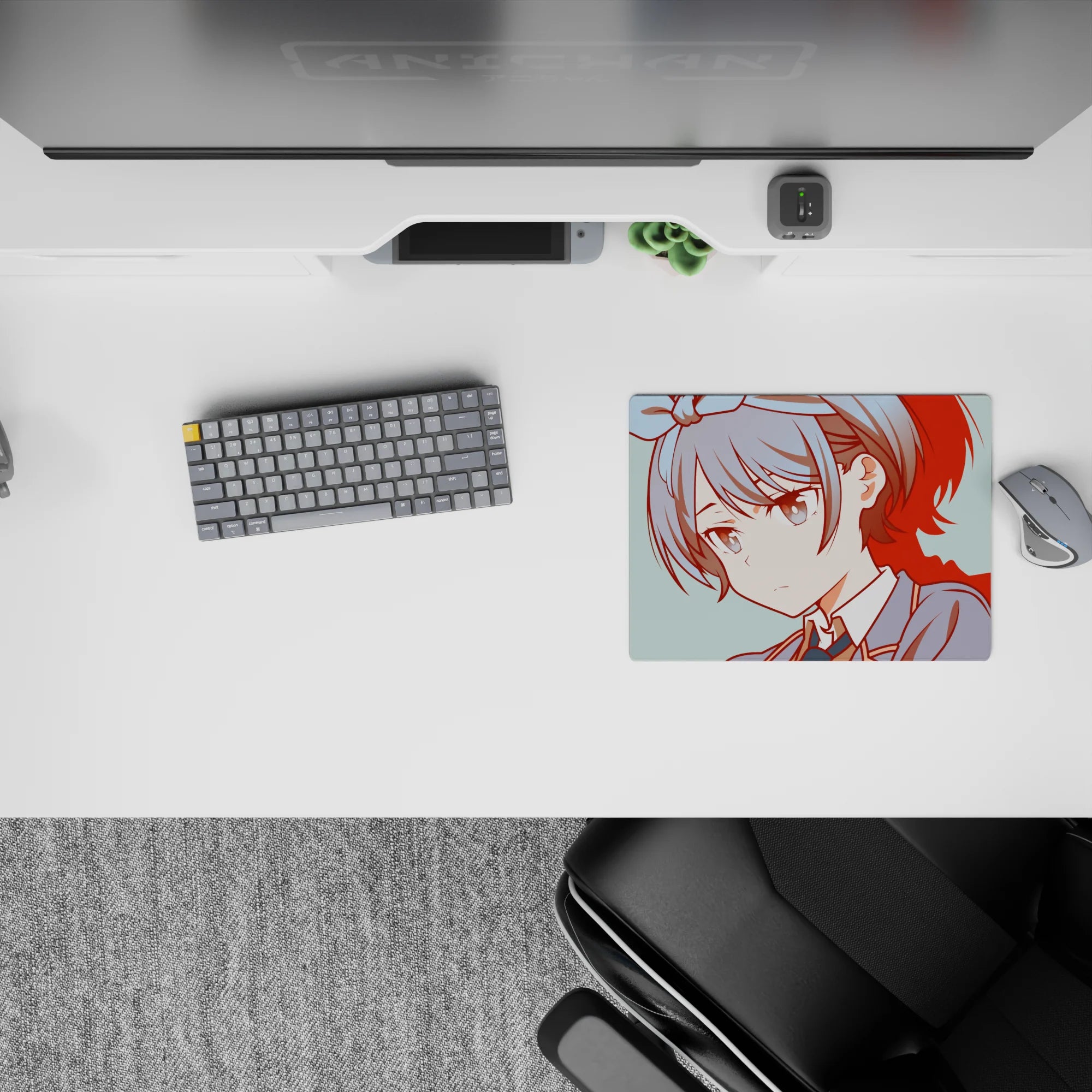 Soft teal background anime girl mouse pad 14x10 inches with red shadow accents, calm cozy vibe.