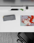 Soft teal background anime girl mouse pad 14x10 inches with red shadow accents, calm cozy vibe.