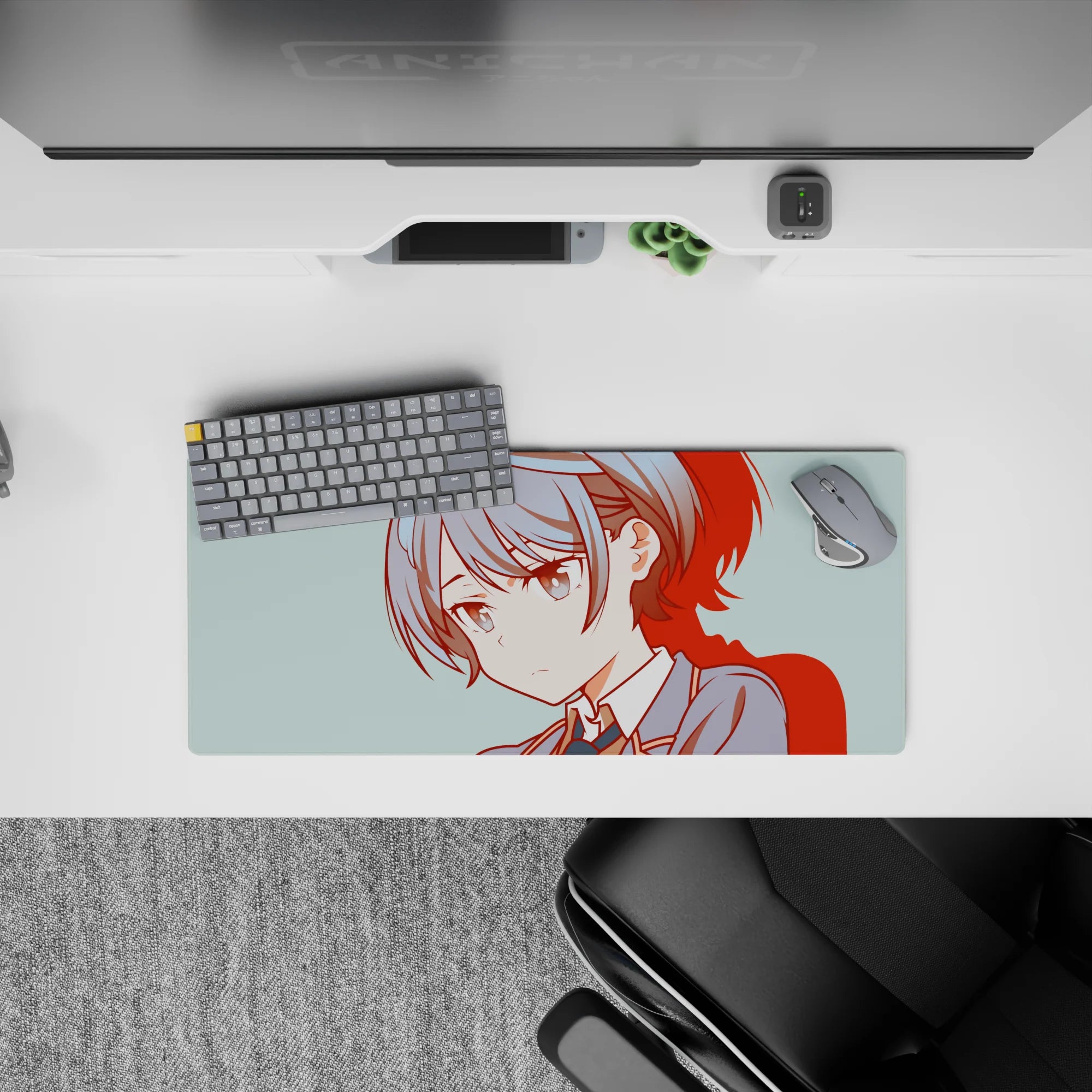 Cozy teal-background anime girl mouse pad 28x12 inches with crisp red shadows and calm school vibe.