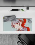 Cozy teal-background anime girl mouse pad 28x12 inches with crisp red shadows and calm school vibe.