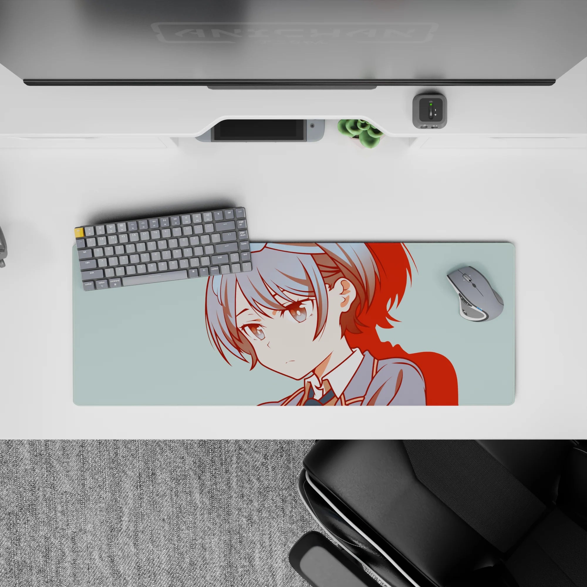 Cozy teal-toned anime girl mouse pad 32x12 inches with crisp red shadows and calm school-uniform vibe.