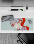 Cozy teal-toned anime girl mouse pad 32x12 inches with crisp red shadows and calm school-uniform vibe.
