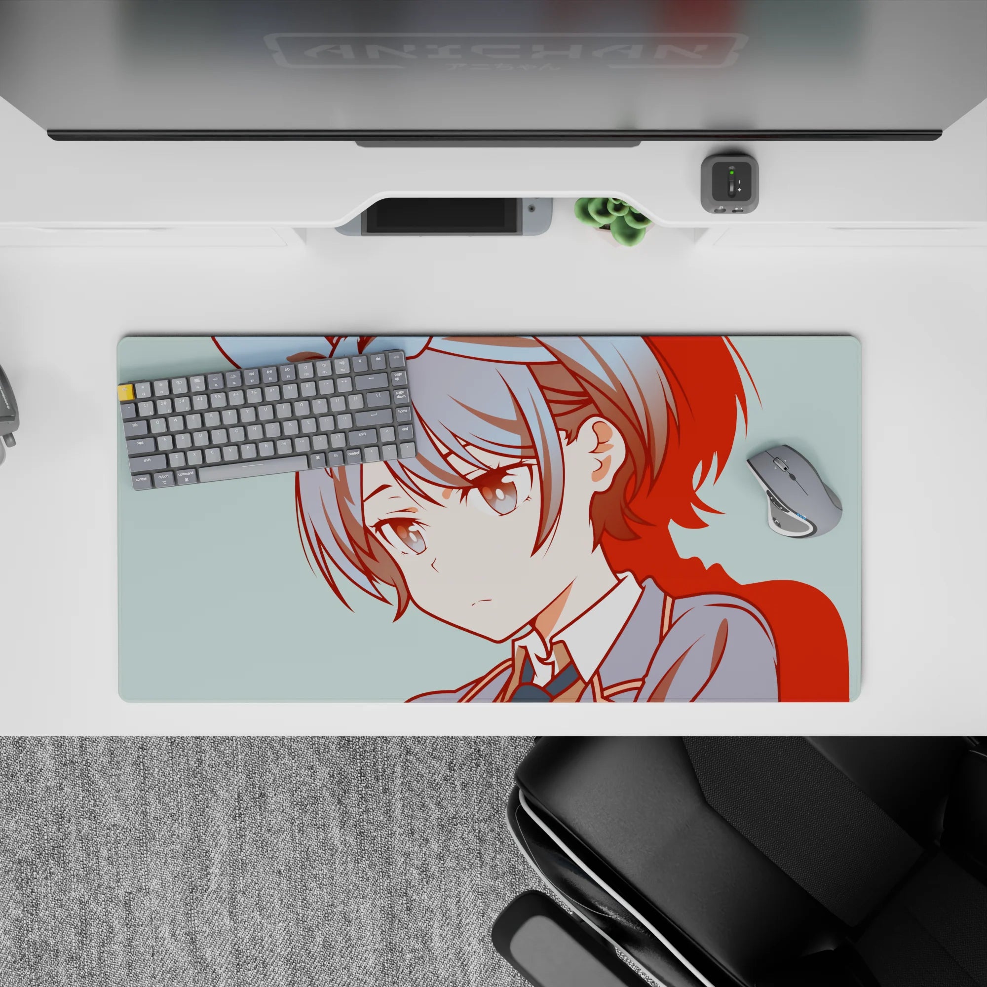 32x16 inches anime girl mouse pad in soft teal with crisp red accents, calm cozy school-uniform vibe.