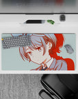 32x16 inches anime girl mouse pad in soft teal with crisp red accents, calm cozy school-uniform vibe.
