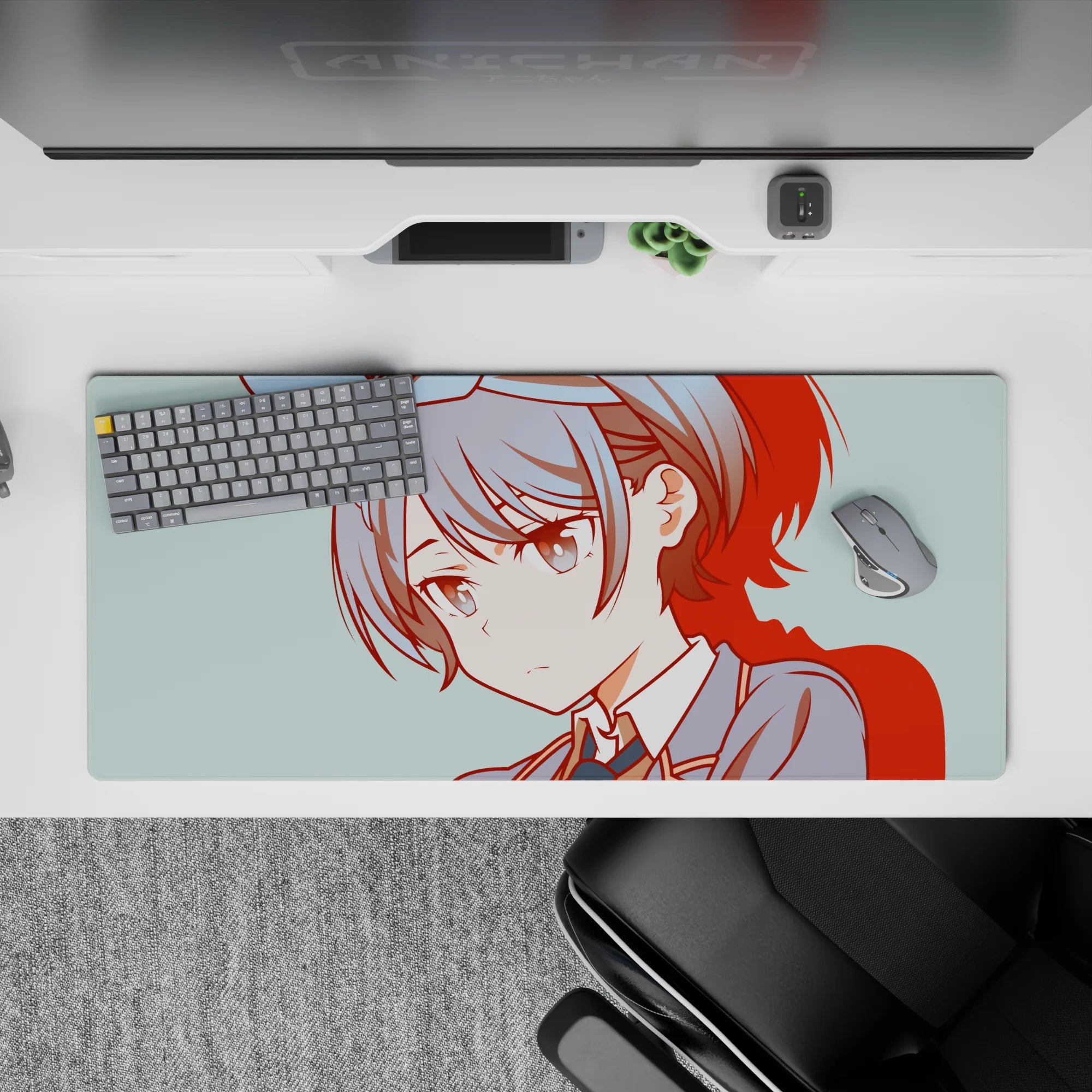 Cozy teal-and-red anime desk pad 36x16 inches, calm school-uniform vibe and smooth mouse glide.