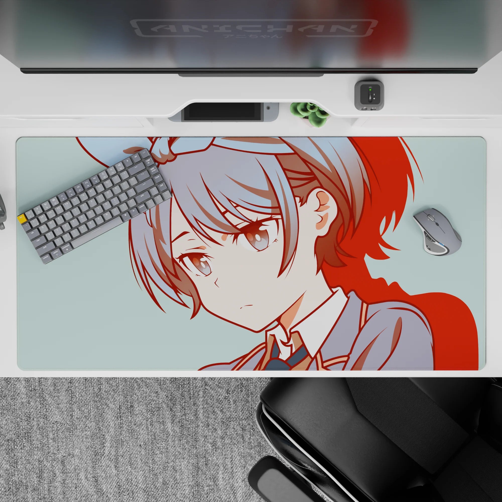 Calm anime mouse pad 40x20 inches in soft teal with crisp red shadows, cozy study vibe and smooth glide.