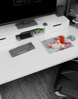 Gray-blue haired anime girl with bow mouse pad 14x10 inches, calm stubborn look by your keyboard.