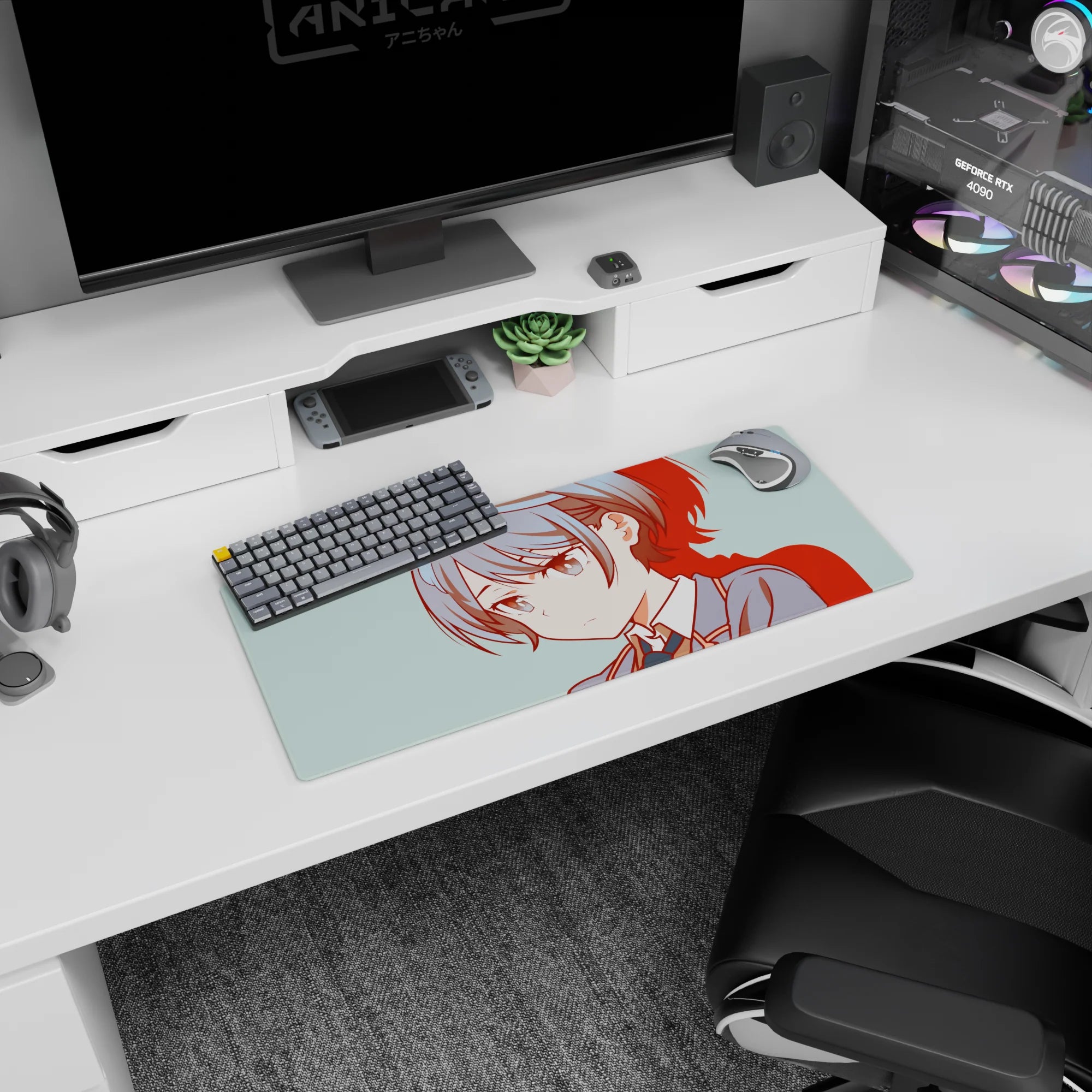 Calm, stubborn-looking anime schoolgirl on mouse pad 28x12 inches, gray-blue hair bow beside keyboard.