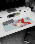 Calm, slightly stubborn anime schoolgirl portrait mouse pad 32x12 inches, gray-blue hair and bow on teal.