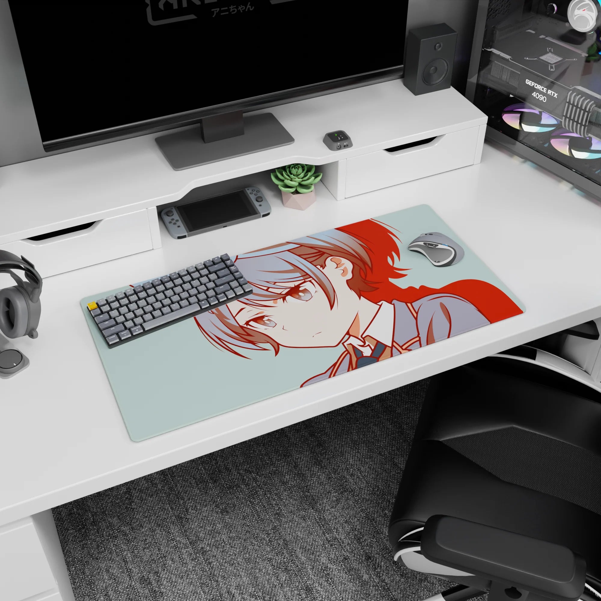 32x16 inches anime girl mouse pad featuring a calm, slightly stubborn girl with a bow and gray-blue hair.