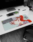 32x16 inches anime girl mouse pad featuring a calm, slightly stubborn girl with a bow and gray-blue hair.