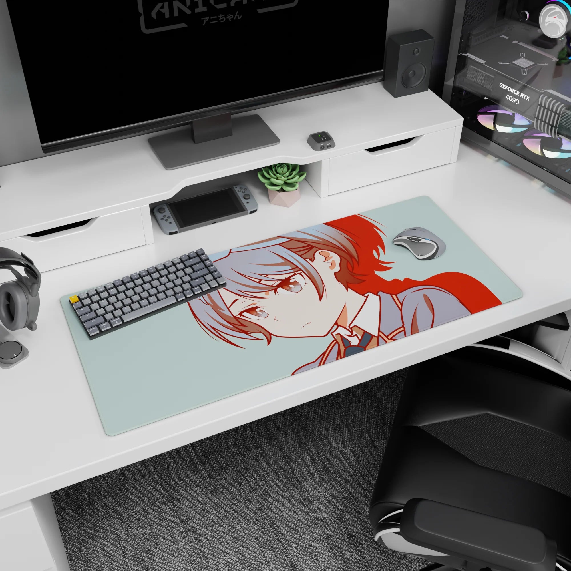 Calm, slightly stubborn anime girl with bow and gray-blue hair on desk pad 36x16 inches.